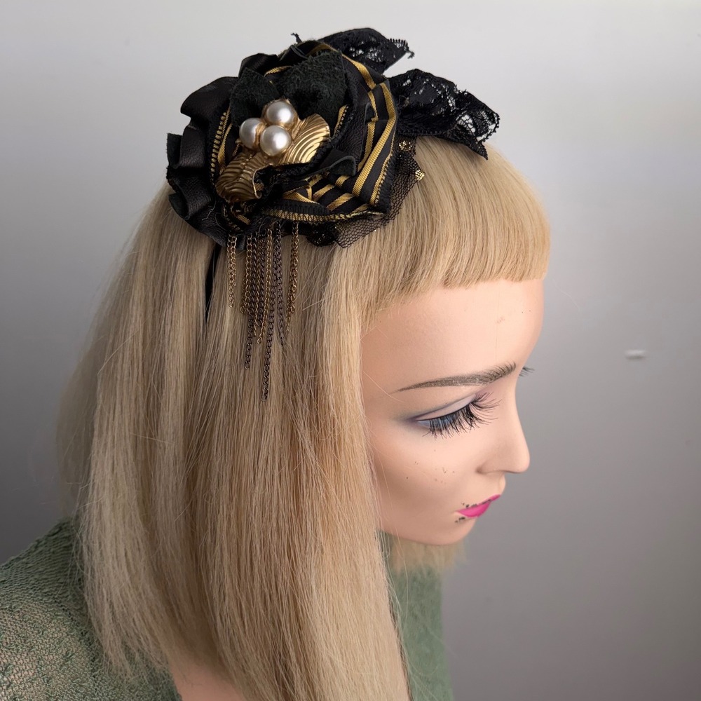 Handmade Floral Fascinator Headband Gold Chain‎ Faux Pearl Gothic Victorian OS